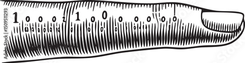 stylized black and white depicts a measuring tape being held displaying numerical markings.
