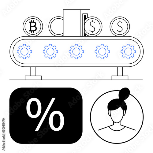 Bitcoin, dollar coins, gear conveyor mechanisms, percentage sign, and user profile illustrating finance, cryptocurrency, automation, efficiency, investment user identity and fintech in a flat