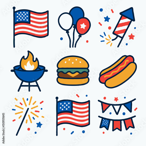 Icons celebrating American Independence Day with flags, fireworks, and classic foods like burgers and hot dogs, featuring patriotic red, white, and blue themes—perfect for festive occasions.