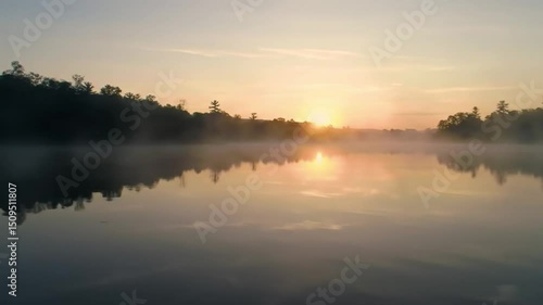 Wallpaper Mural 4K Cinematic Drone Over Misty Lake at Sunrise Torontodigital.ca