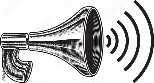 vintage black and white depicts a megaphone emitting sound waves.