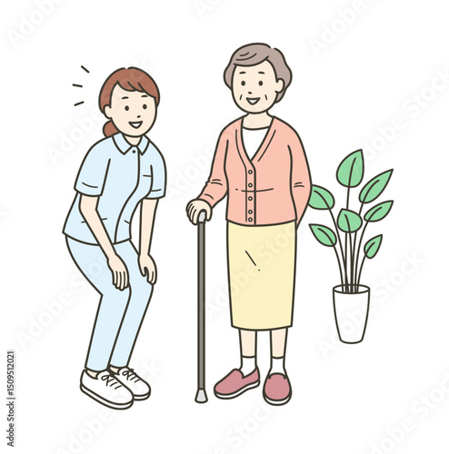 目線を合わせて笑顔で会話をする高齢女性と看護師の女性イラスト
