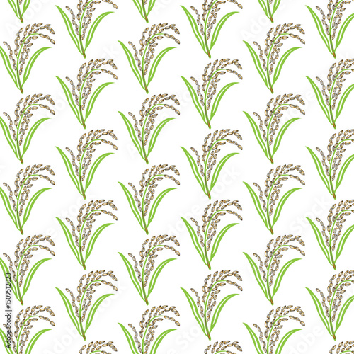 Vector illustration of a repeating pattern featuring stylized rice plants and green leaves on a white background