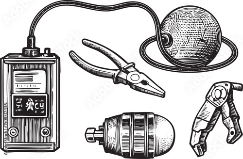 vintage camera and a spherical reflector are connected with a hose.