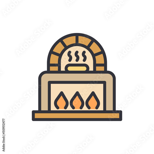 Stylized Illustration Of A Traditional Brick Oven With Flames And Steam