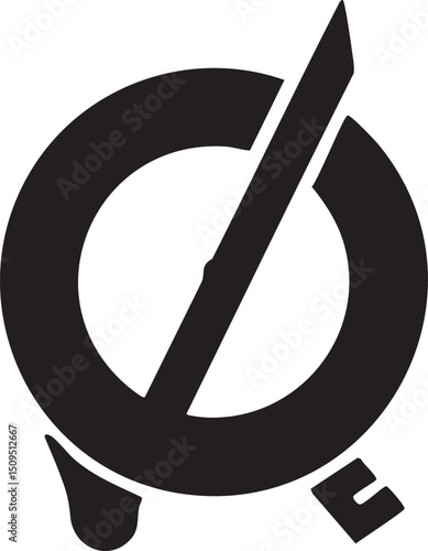 black circle intersected by a diagonal with a small droplet.