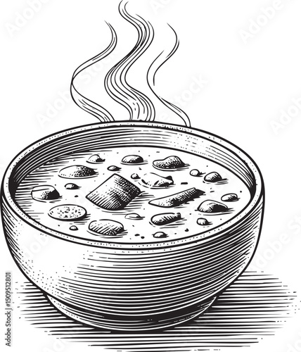 ceramic bowl overflows with steaming broth and submerged vegetables.