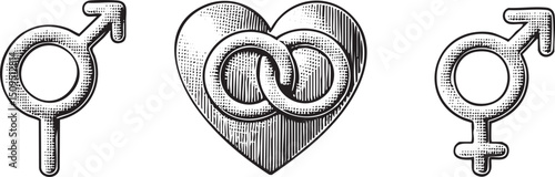 Three intertwined symbols of masculine and feminine represent a union.