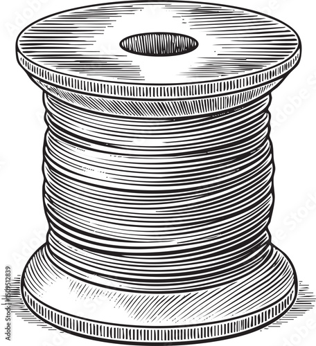 cylindrical spool of thread rests on a dark surface.