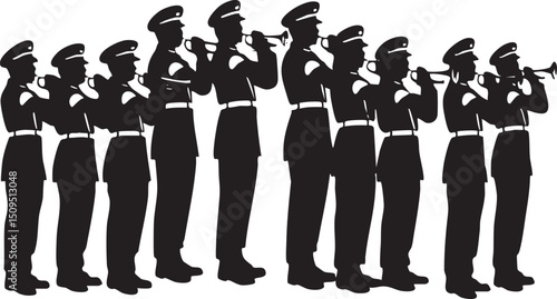 of uniformed musicians plays instruments in a formal formation.