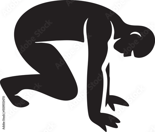 silhouetted figure kneels in a contemplative posture.