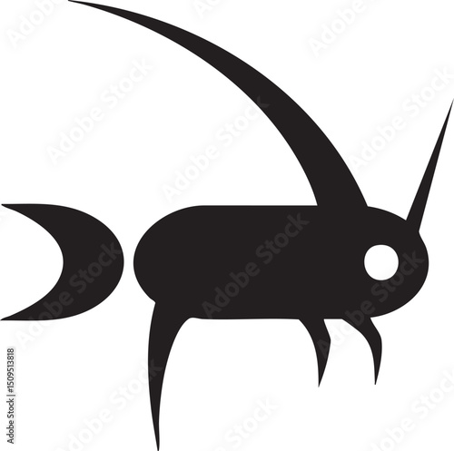 stylized black silhouette of a creature with curved wings and elongated limbs.