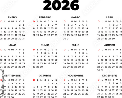 A clean and functional 2026 calendar design in Spanish, showing all months with a clear day and date layout, ideal for planning, scheduling, and time management