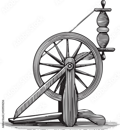 detailed black and white of a wooden spinning wheel.
