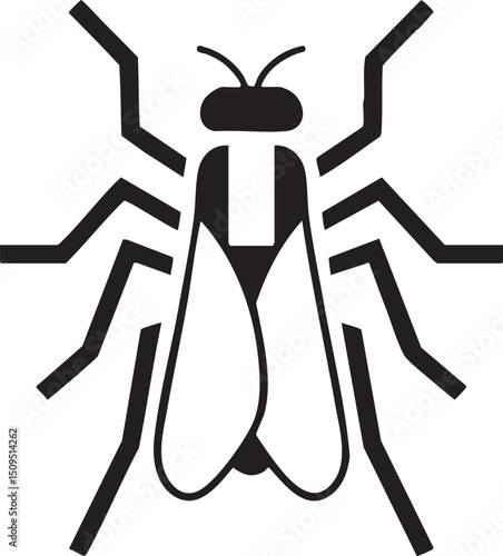 stylized black fly rests on a white surface.