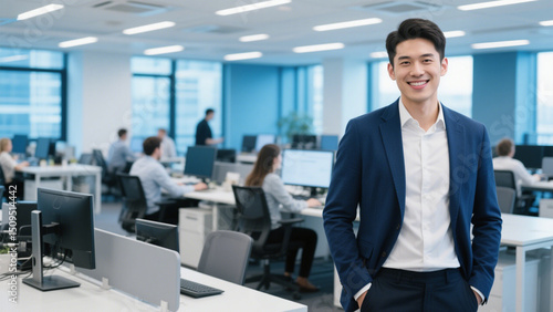 A confident young professional businessman stands in a modern office environment.