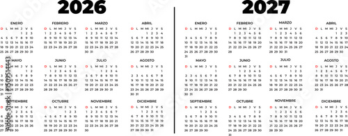 Minimalist and modern calendar for the years 2026 and 2027 in Spanish, with a clean black and white design, perfect for project planning, event management, and personal and professional organization