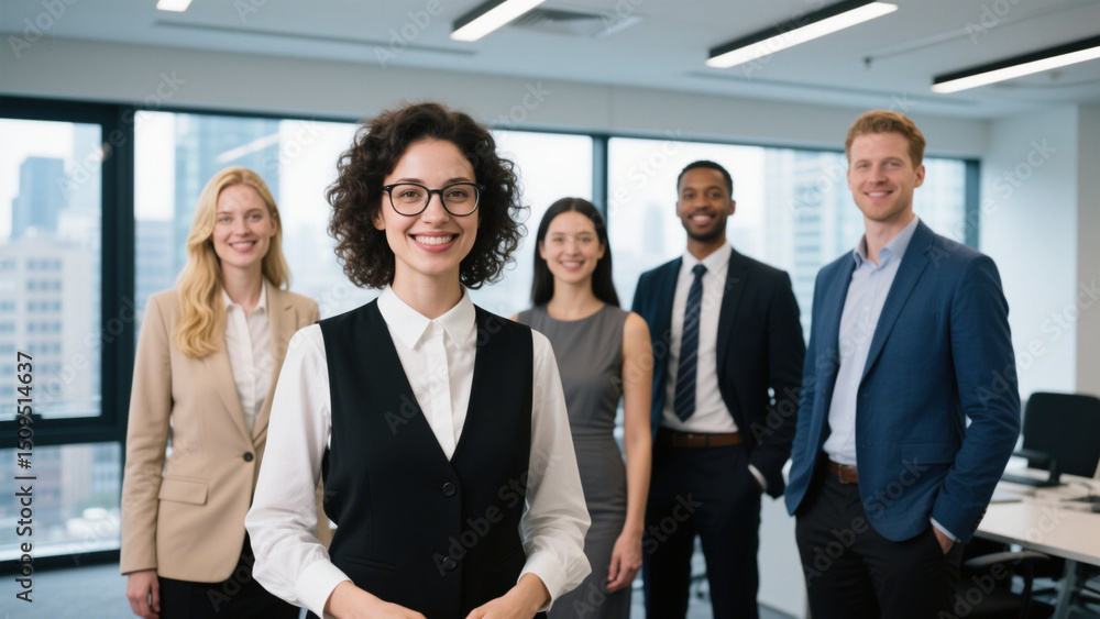 A diverse group of confident professionals standing together in a modern office setting. A diverse group of confident professionals standing together in a modern office setting.