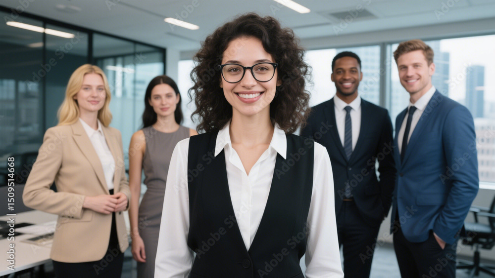 A diverse group of confident professionals standing together in a modern office setting. A diverse group of confident professionals standing together in a modern office setting.