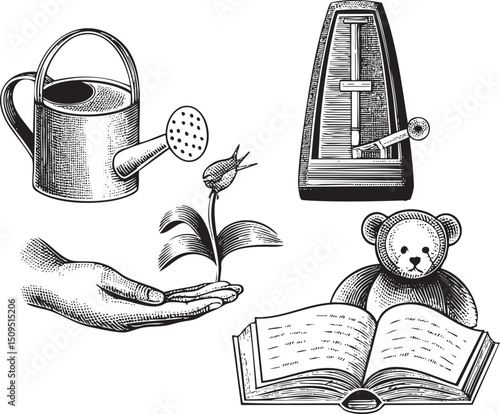 weathered hand gently waters a delicate seedling near a vintage measuring device and an open book.