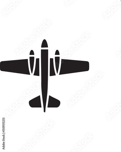 sleek black silhouette of a vintage airplane flies through a bright white background.