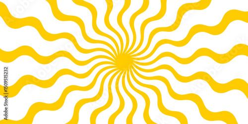 Yellow sun with wavy rays background. Poster with sunburst, sunrise or sunset in trendy 60 s 70s 80s groovy style. Preppy summer theme background. Modern psychedelic print. Vector flat illustration.