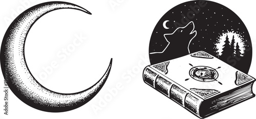 moon illuminates a mystical book and a howling wolf beneath a starry sky.
