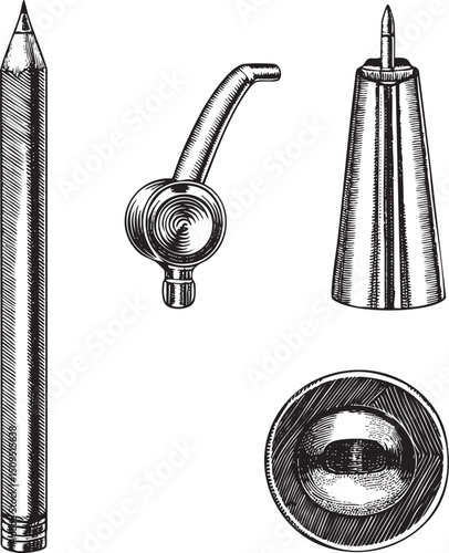 monochrome showcases a pencil a pipe fitting and a syringe.