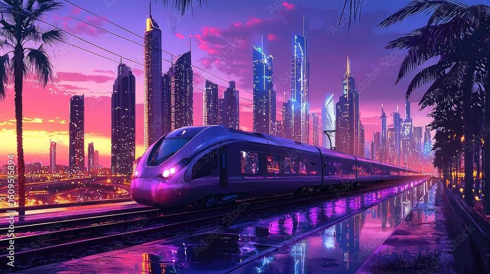 Naklejka premium Futuristic cityscape at sunset with a train on a wet track.