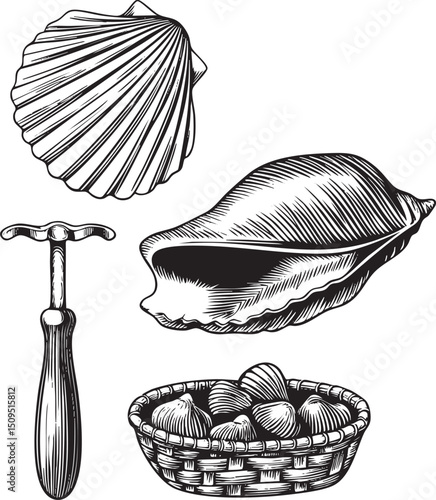 Three seashells and a basket of shellfish are presented in black and white.