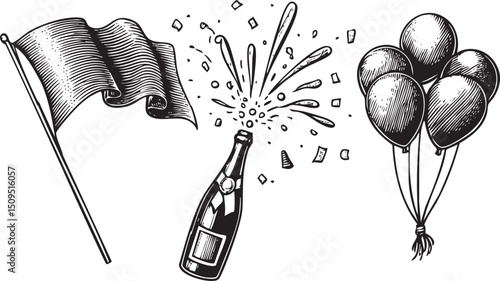 black and white flag waves above a bottle of champagne surrounded by celebratory balloons.