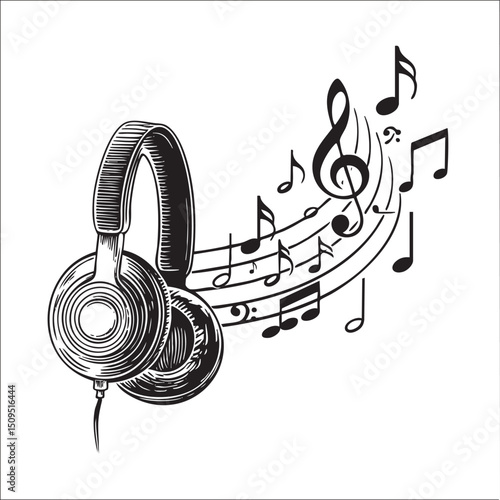 black headphone rests beside a collection of musical notes.