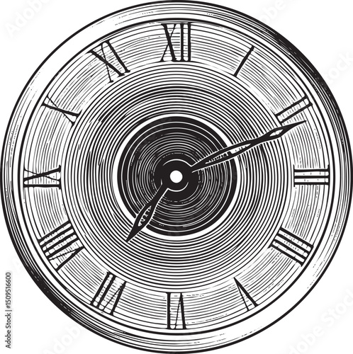 black and white clock face displays Roman numerals and hands.