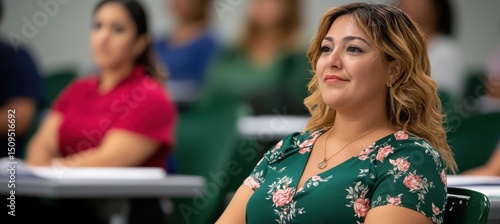 A woman attentively listens during a classroom session, surrounded by other focused adult students.