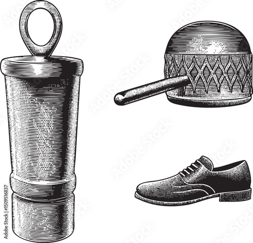 Vintage objects are presented in a detailed engraving style.