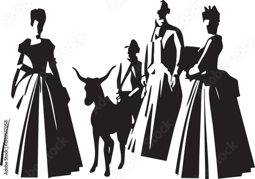 Four figures in elegant attire stand with a deer amidst a pastoral scene.