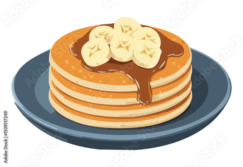 Pancake with Sliced Banana and Caramel Syrup Topping - vector illustration
