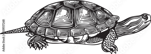 solitary turtle steadily moves across a smooth dark surface.