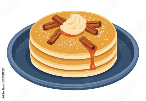 pancakes with cinnamon and apple topping on plate - vector illustration