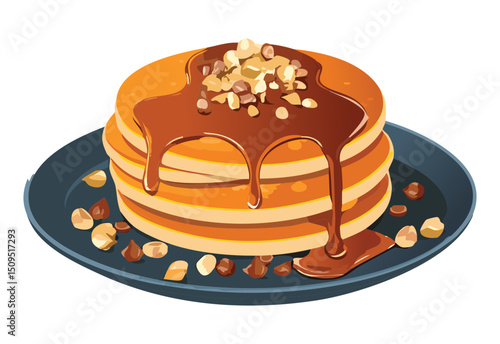 pancakes with chopped nuts and caramel syrup - vector illustration