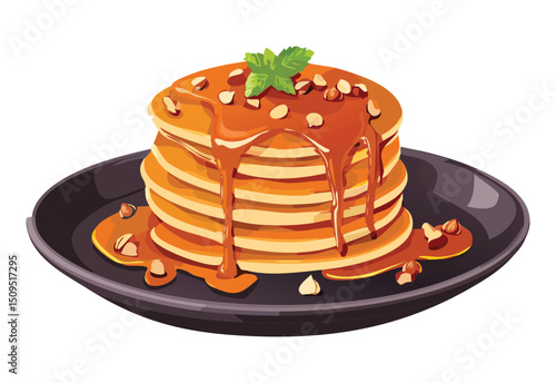 pancakes with caramel syrup and nut topping on plate - vector illustration