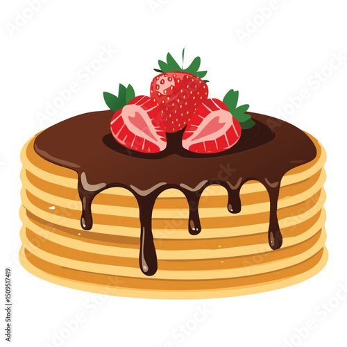 chocolate pancake with strawberry topping - vector illustration
