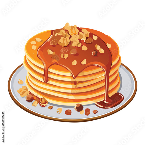 pancakes with caramel drizzled and chopped nuts topping on plate- vector illustration