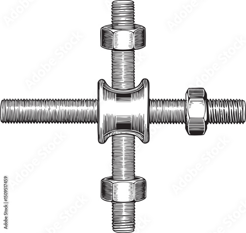 Two metallic bolts connect with a coupling device.