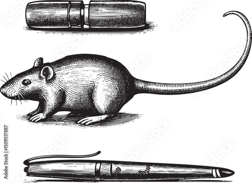 detailed black and white engraving depicts a rodent examining a pen.
