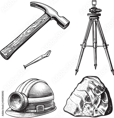 wooden hammer surveying tools and a rock are arranged on a workspace.