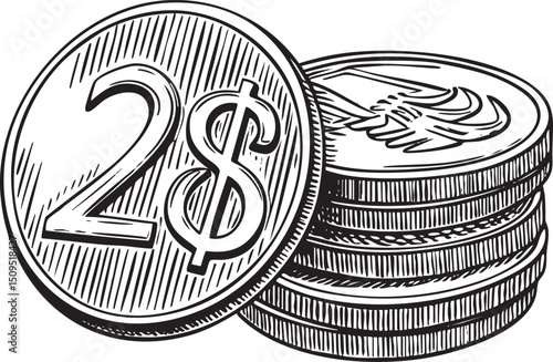 Two coins display a dollar sign and stacked vertically.