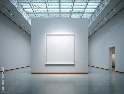 A minimalist gallery interior showcases a large, blank, square canvas centrally positioned on a white wall under a skylight, with recessed lighting and polished floors