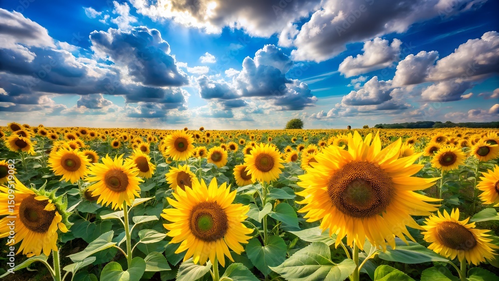 Fototapeta premium A field of sunflowers stretches under a bright blue sky with fluffy white clouds.