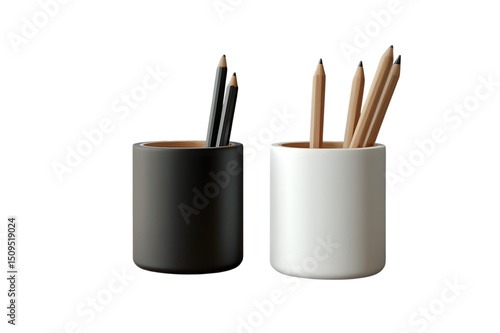 Minimalist Black and White Pencil Holders with Wooden Pencils on Black for Office Desk and Stationery Photography